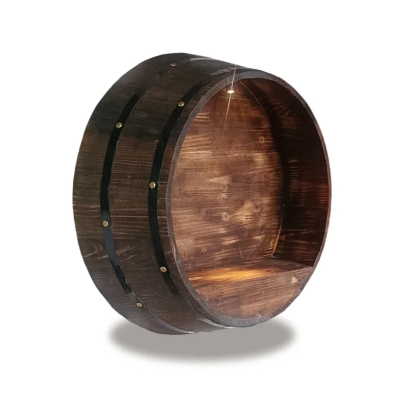 

Polished Half Barrel Wooden Wine and Beer Oak Barrel Wall Mounted with Lid Cut Bottom Engraved Winery Decorative Barrel