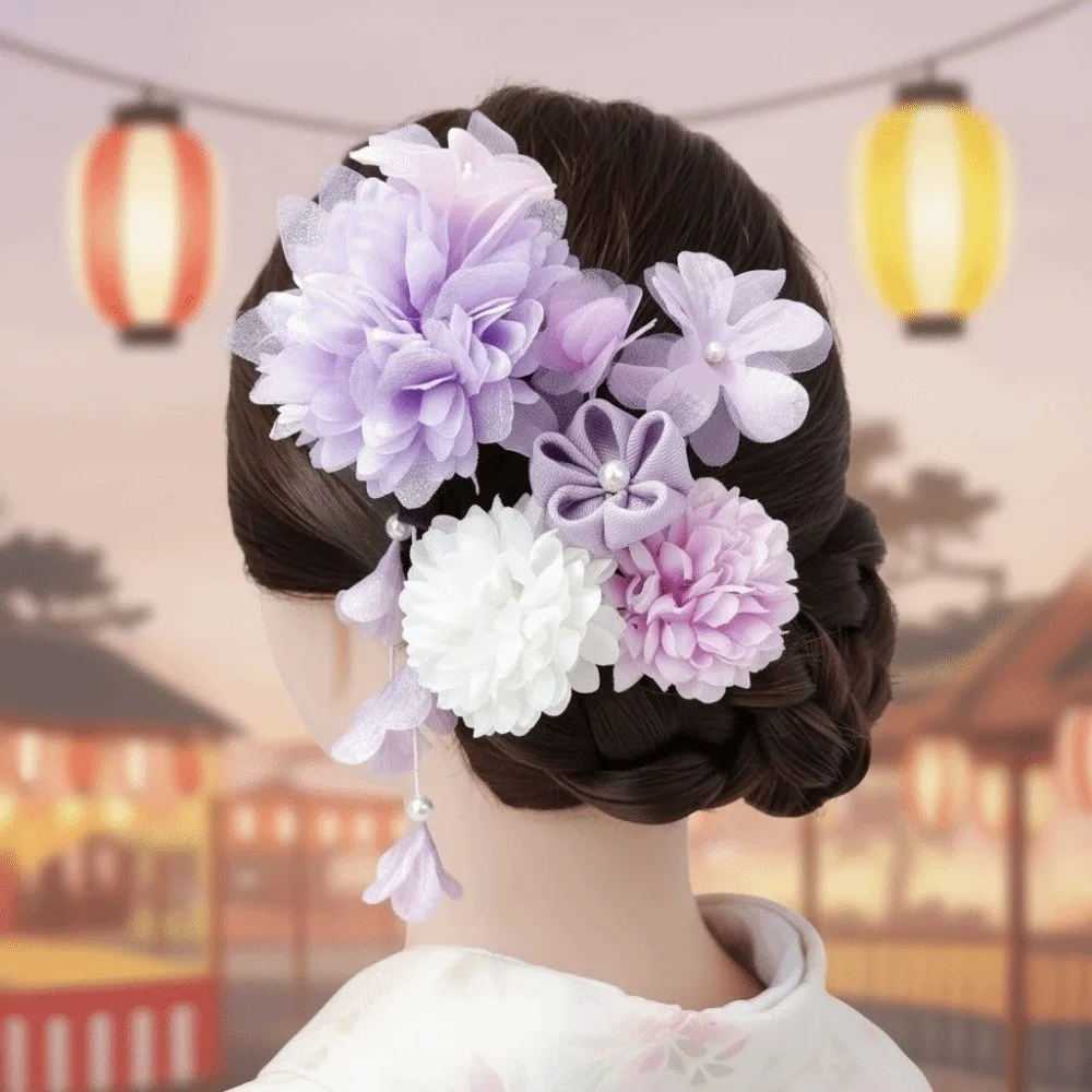 Elegant Kimono Hair Clips Japanese Style with Tassel Crepe Flower Hairpins Sakura Flower Traditional