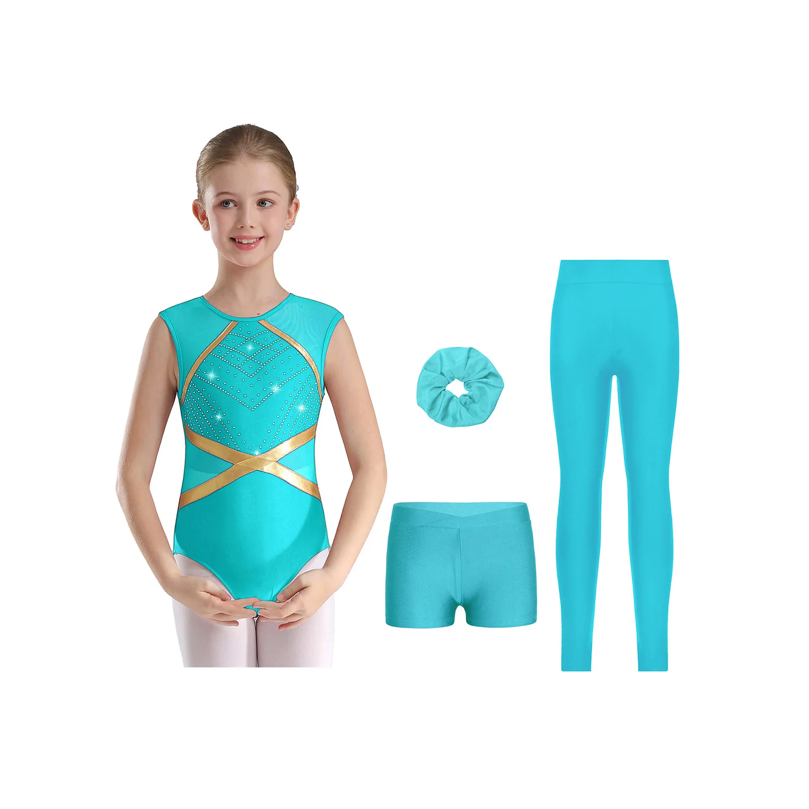 

4Pcs/Set Kids Girls Ballet Gymnastics Figure Skating Dance Performance Costume Leotard with Shorts Leggings And Headwear Suits