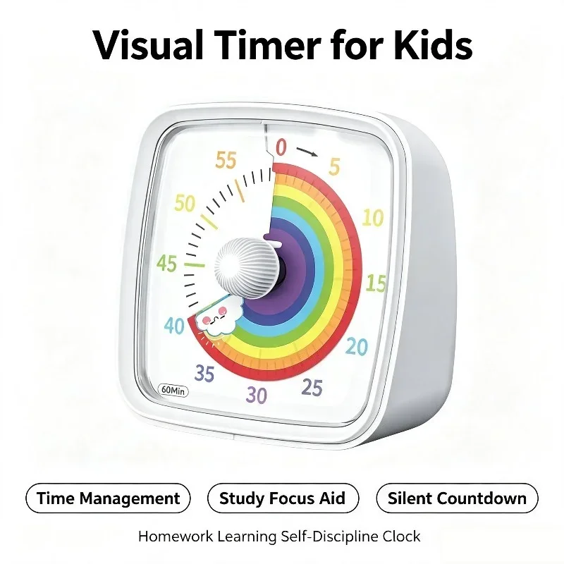 Kids Visual Timer 60 Minutes Silent Countdown Timer Night Light Time Management Tool for Children Study Homework Kitchen