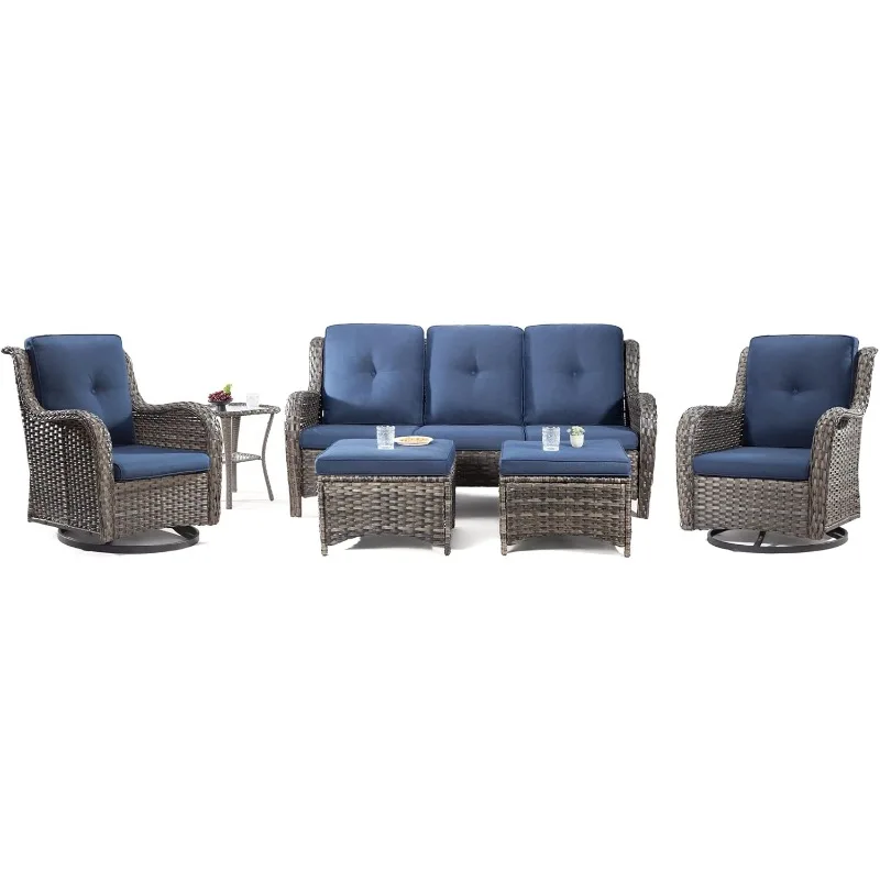 

Wicker Patio Furniture Set 6 Piece Set with 1 Three-Seat Sofa, 2 Swivel Rocker Chairs, 2 Ottomans and 1 Side Table