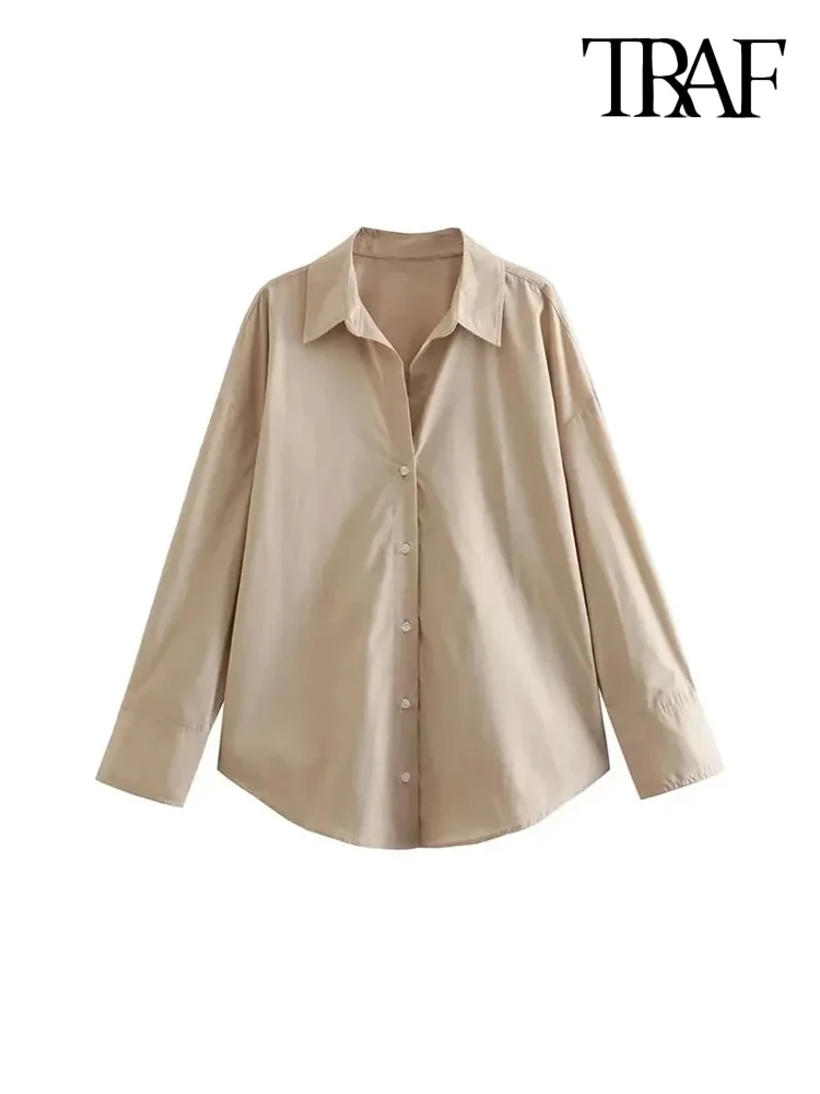 TRAF-Oversized Poplin Shirts for Women, Long Sleeve, Button-up, Loose Female Blouses, Chic Tops, Fashion