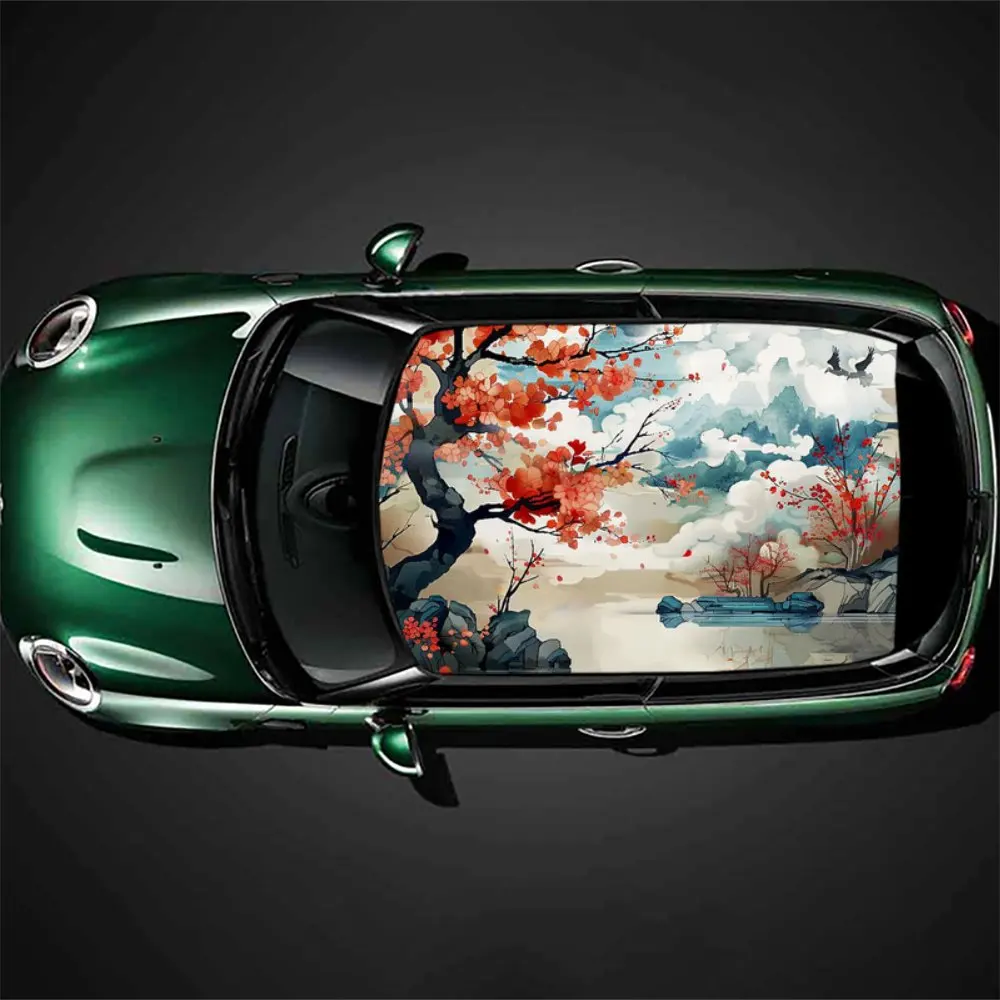 

Chinese Plum Blossom Landscape Car Roof Sticker Wrap Racing SUV Auto Accessories Packaging PVC Car Hood Graphic Decal Decoration