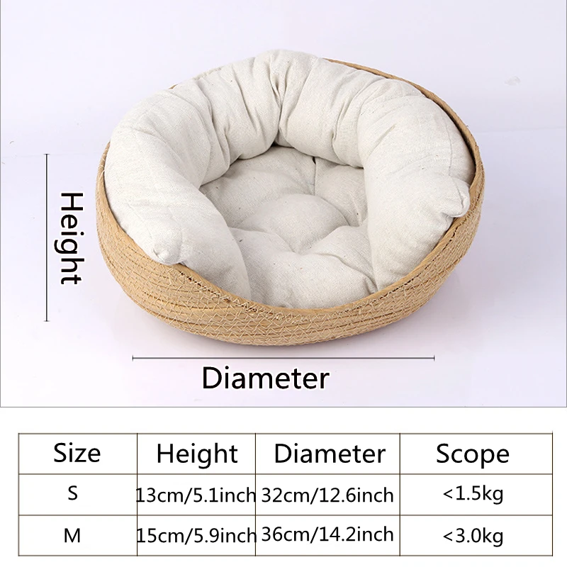 1PC Rattan Woven Pet Cat Bed with Cushion Warm Round Sleeping Basket Sweet Cat Bed Removable Cushion Sleeping House Pet Product