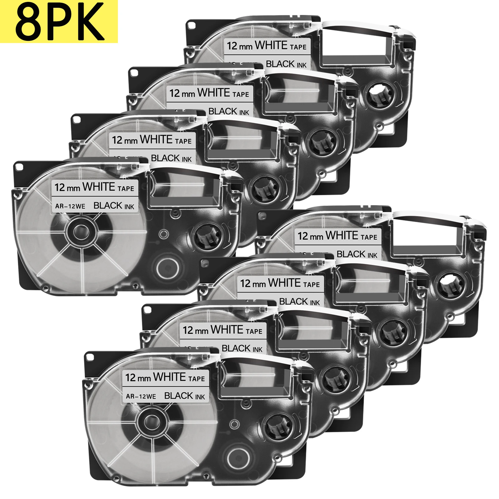 8PK 9/12/18/24mm XR12WE Label Tape for XR-12X XR-9WE XR-12YW Ribbon Compatible for Casio KL-120 KL-60 KL-100 KL-170 Label Makers