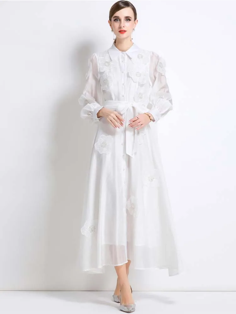 Długa sukienka koszulowa z cekinami i kwiatowym wzorem Damska Jesień 2025 Luksusowe Sukienki Maxi z długim rękawem i paskami Elegancka Jednolita INKEO 5D239