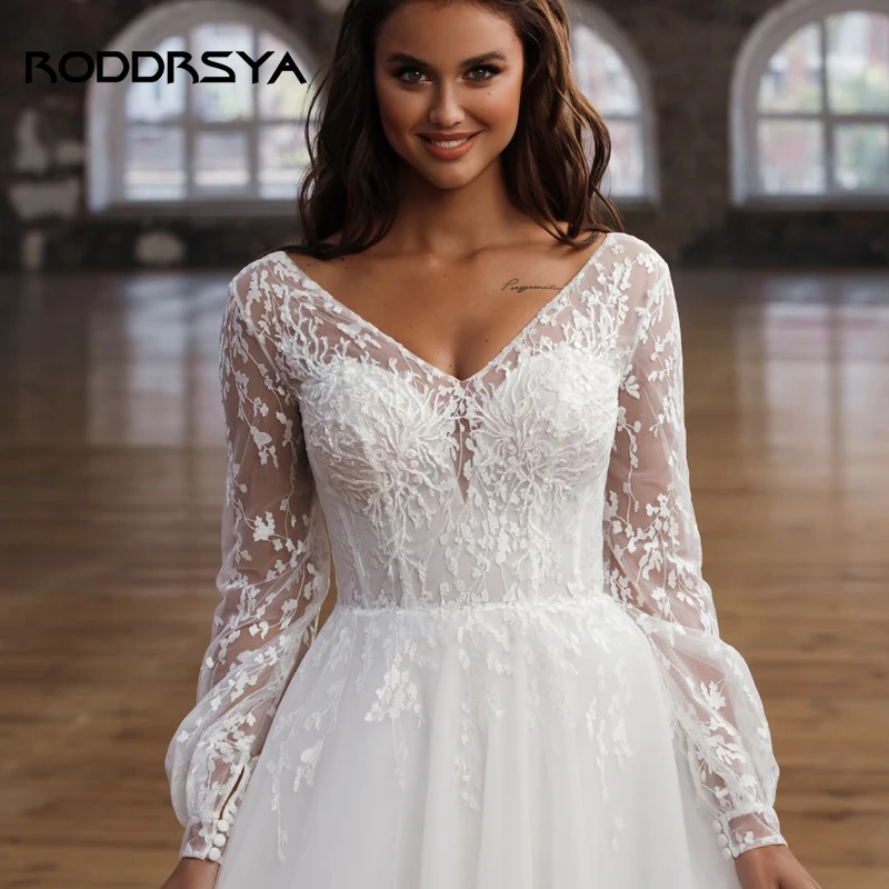 RODDRSYA-vestido de novia elegante con corte en A para mujer, manga larga abullonada, apliques de encaje, ilusión, botón trasero Elegante vestido de novia femenino de manga larga con calcomanías de encaje de letra a ve