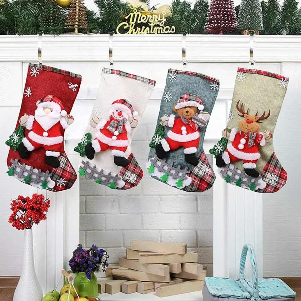 4Pcs Christmas Stockings Set Large Capacity Christmas Ornament Sock Plush Santa Claus/Snowman/Bear/Elk