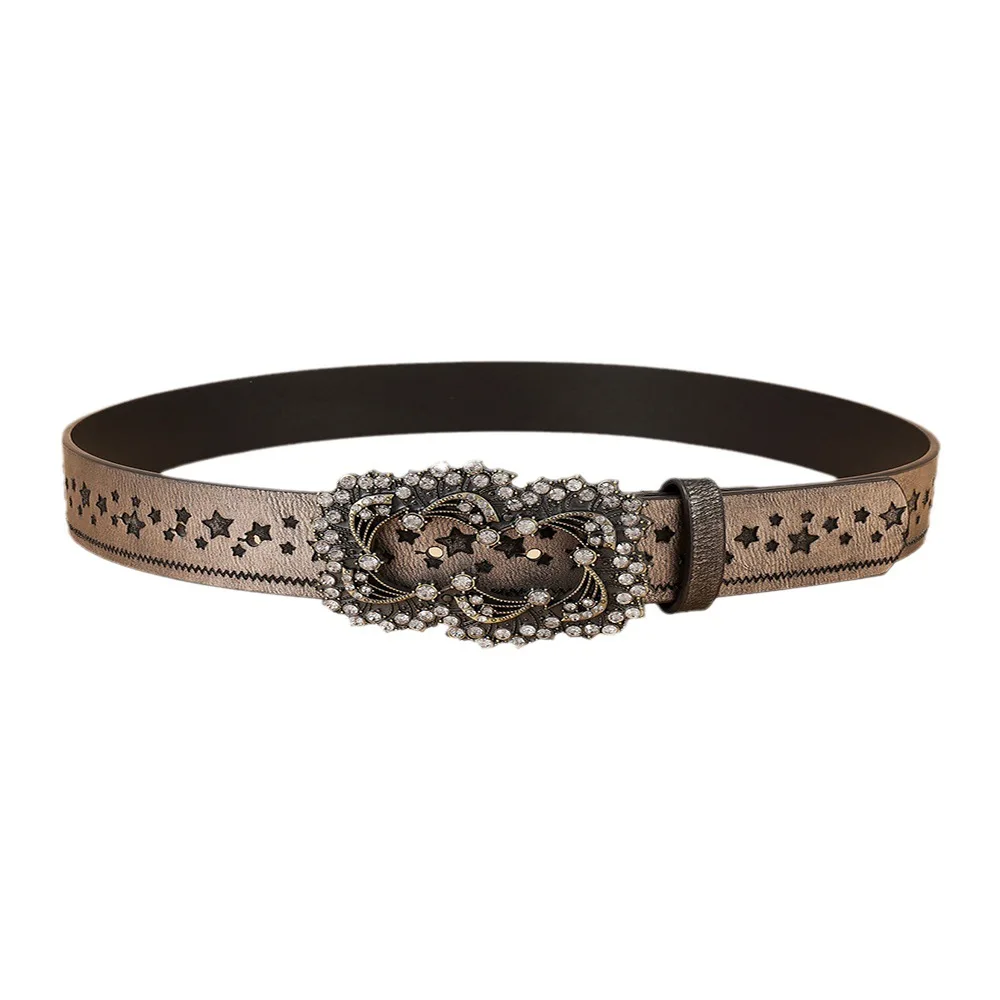 

Retro rhinestone five-pointed star embossed carved female belt