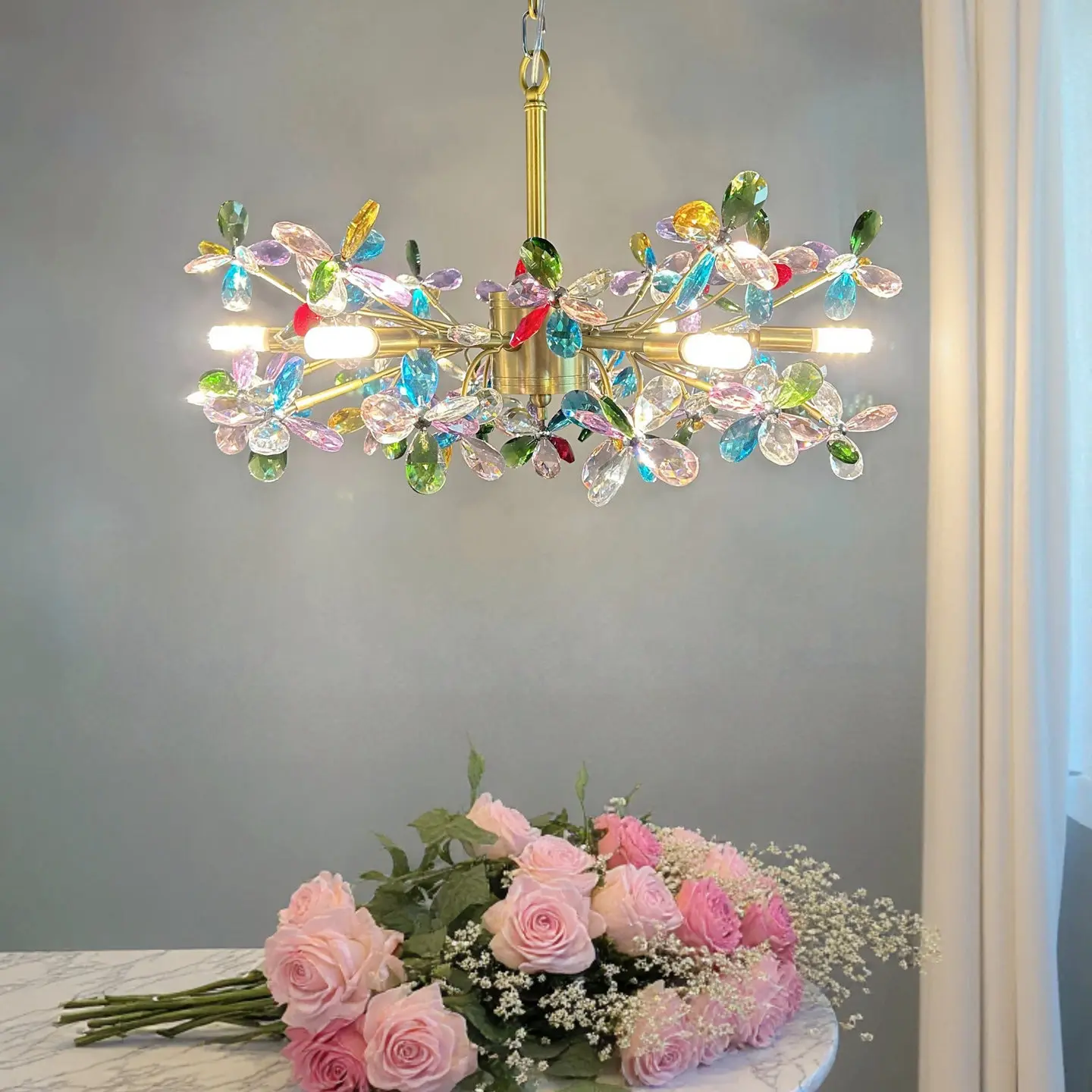 

Luxury French Colorful Colored Crystal Flower Pendant Ceiling Light Romantic Living Room Dining Room Bedroom Daughter Lustre
