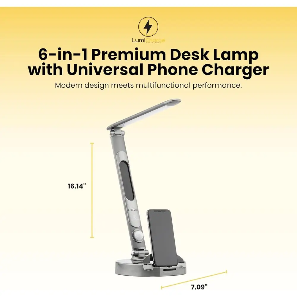 Dimmable LED Desk Lamp with Qi Wireless Charger, 10W Fast Charging, Motion Sensor, Calendar, Alarm Clock, USB Port - Compatible