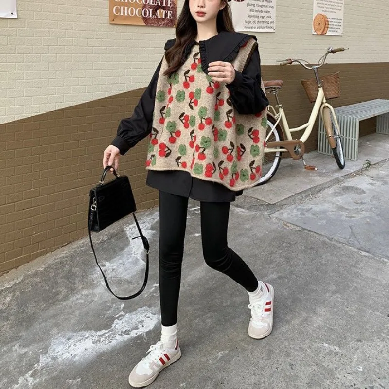 Hikigawa Chic Fashion Women Cherry Jacquard Sweater Knitted Vests Autumn Loose Streetwear Casual Sleeveless Outerwear Tops Mujer