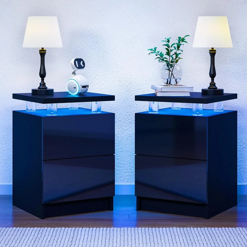 

Nightstand Set of 2 with LED Lights, Nightstands with 2 Storage Drawers, Bedside Table for Bedroom, Black 15IN, Customized