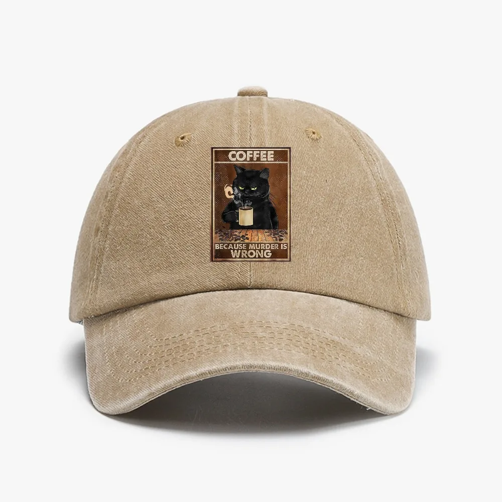 

Because Murder Is Wrong Black Cat Drink Coffee hat Men Women Adjustable Solid Color Golf hat Distressed Washed baseball cap