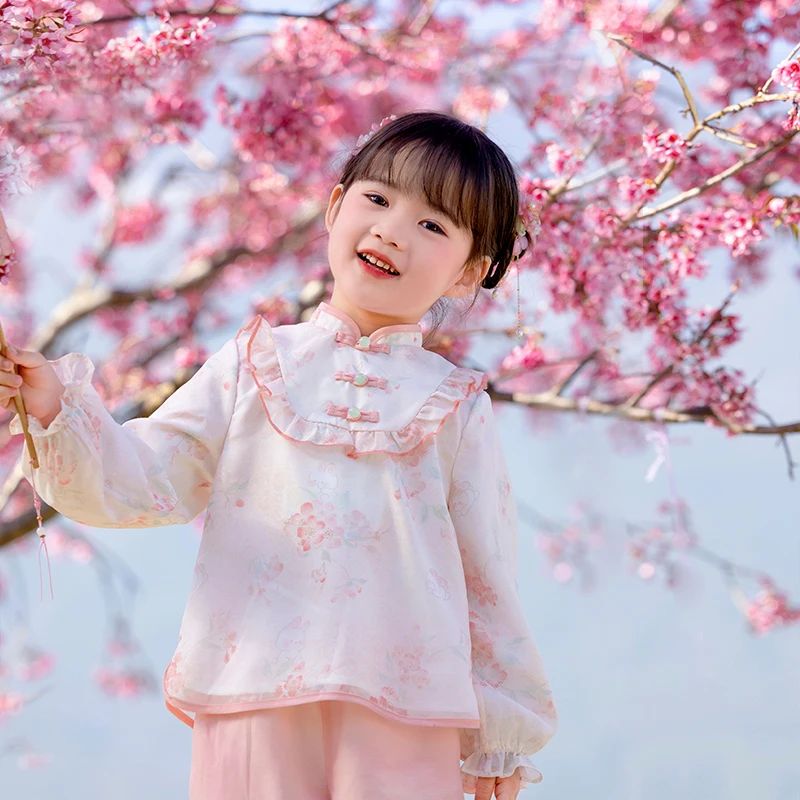 مجموعة ملابس على الطراز الصيني هانفو للفتيات الصغيرات ، بدلة تانغ محسنة للأطفال ، بنطلون وردي ، ملابس قديمة للفتيات الصغيرات ، الربيع والخريف