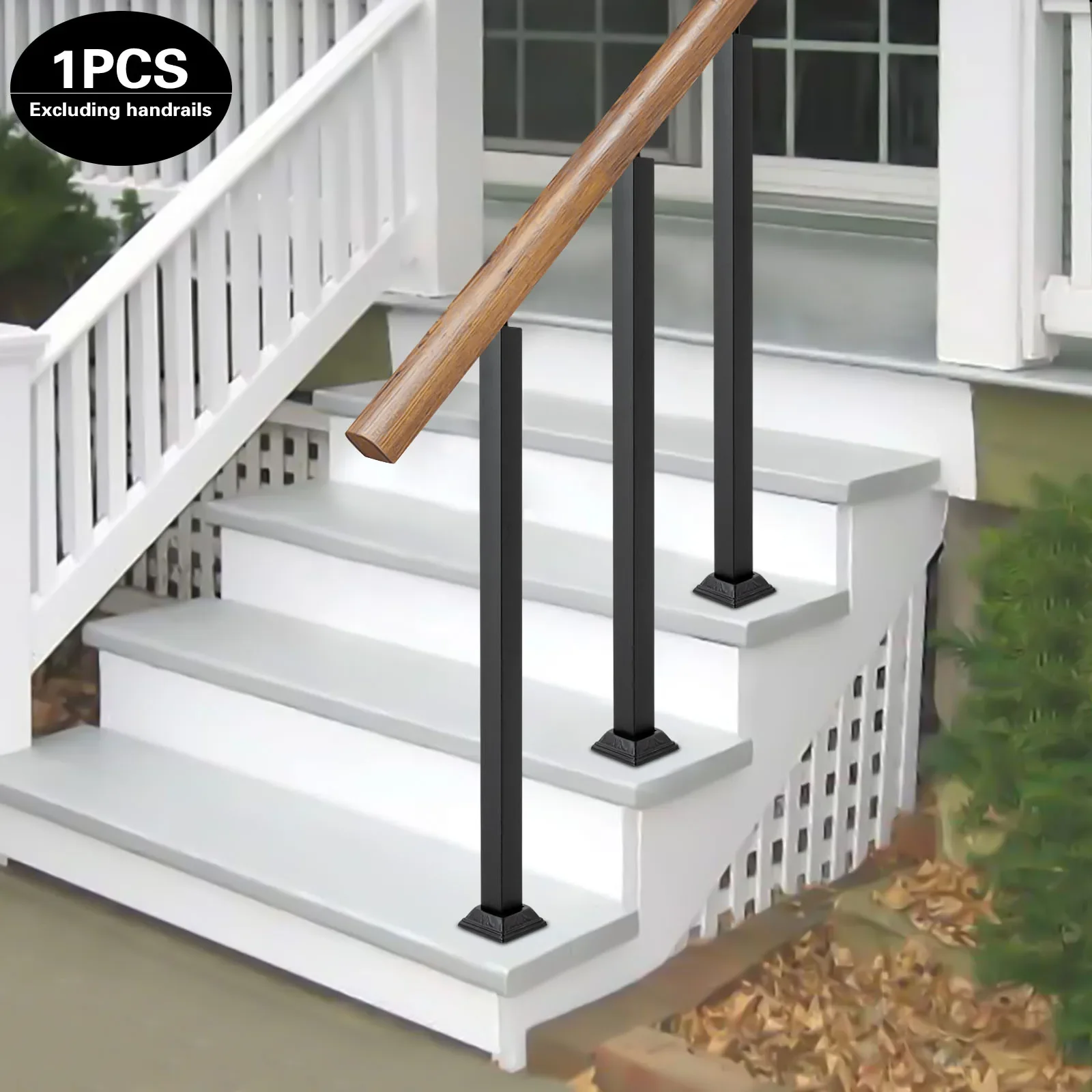 Stair Balusters Post, Black Square Metal Railing Spindles with Flat & Adjustable 270° Angle Bracket, Banister Column for Steps