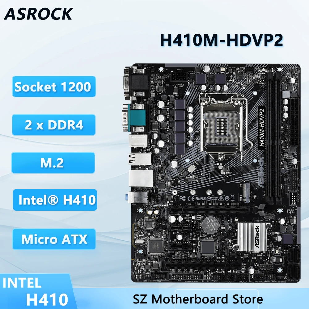 Placa Madre ASROCK H410M-HDVP2, Memoria RAM DDR4, LGA1200, H410, Compatible con CPU i9-10900, i7-10700F, i5-10400, USB 2.0, Micro ATX