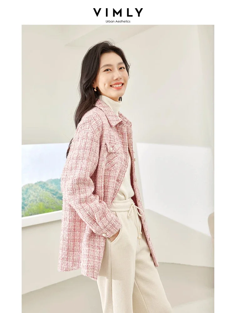 Vimly Winter Pink Tweed Quilted Jackets Women 2023 Straight Thick Single Breasted Long Sleeve Overshirts Female Clothing M3599