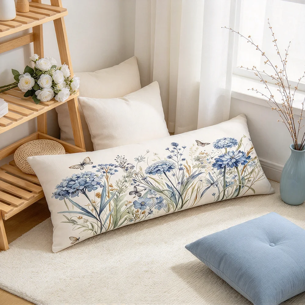 Blue Hydrangea Butterfly Print Rectangle Pillow Covers, Home Decor, Sofa Couch, Bedroom Living Room, Polyester, Machine Washable
