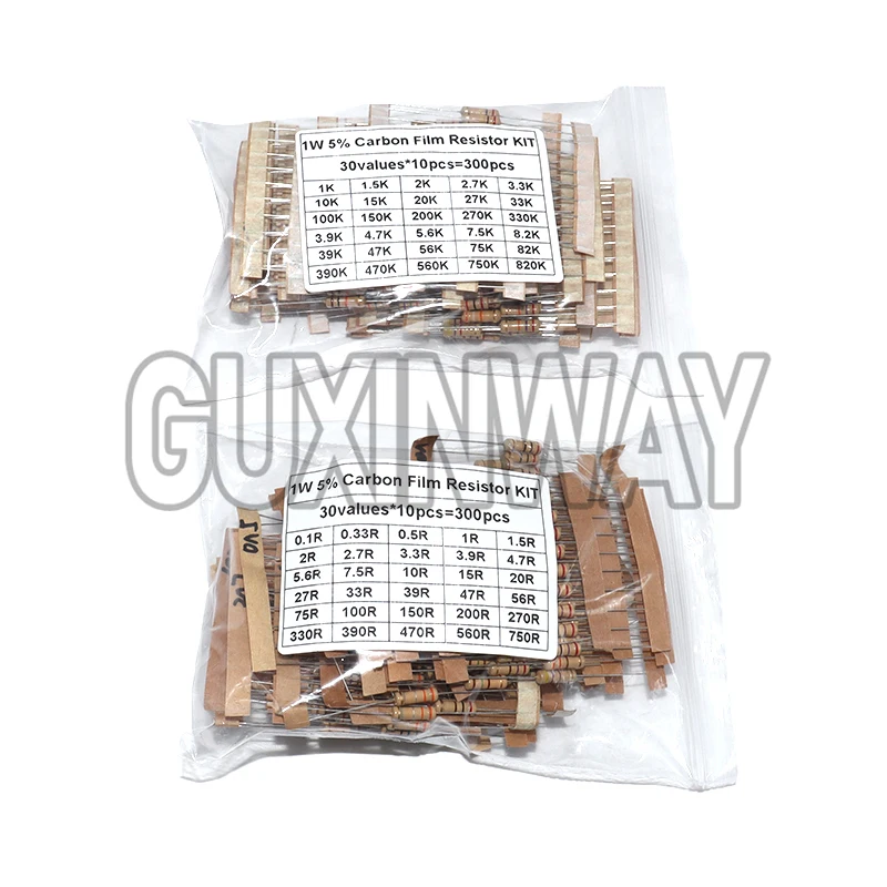 300PCS Resistor Kit 1W 5% Carbon Film Resistance 30values X 10pcs 0.1-750 Ohm 1K-820K Ohm Resistors Set for Electronics DIY