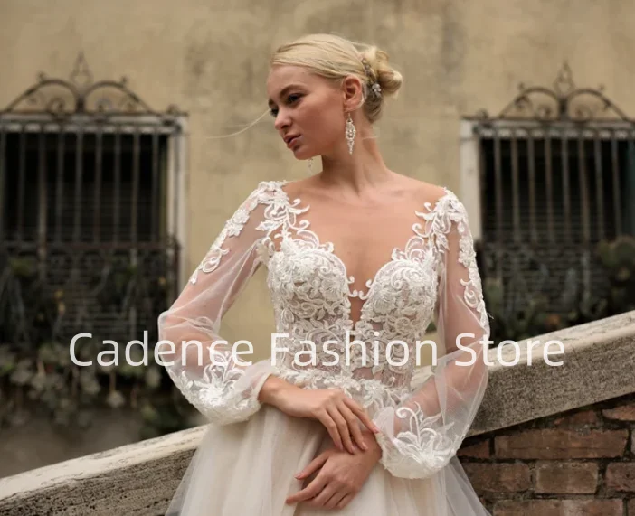 Vestidos de novia color champán personalizados, manga larga, Sexy, con cuello en V, Apliques de encaje, vestidos de novia bohemios, vestidos de novia para boda civil