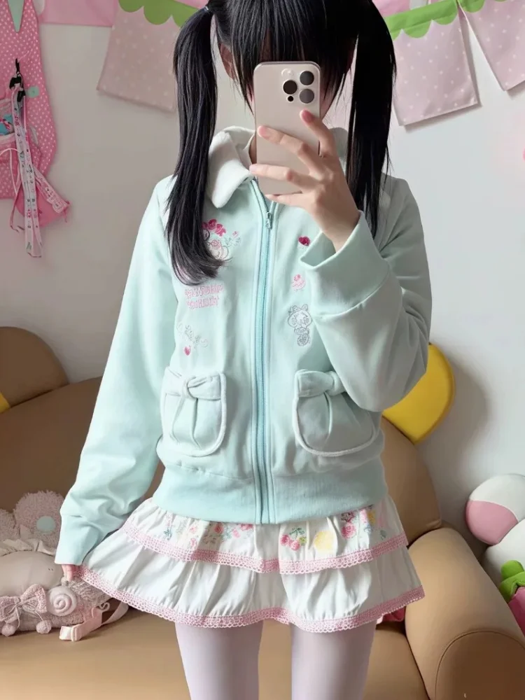 Japanese Cartoon Embroidery Casual Kawaii Coats Women Furry Patchwork Harajuku Loose Jackets Y2k Aesthetic Grunge Zipper ​jackes - view 5