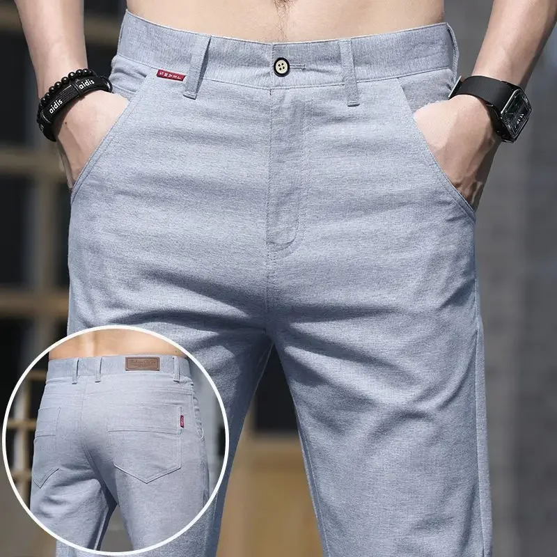 Men Thin Linen Straight Pants Streetwear Fashion New Business Casual Pockets Slim Big Size Male Versatile Trousers XT324