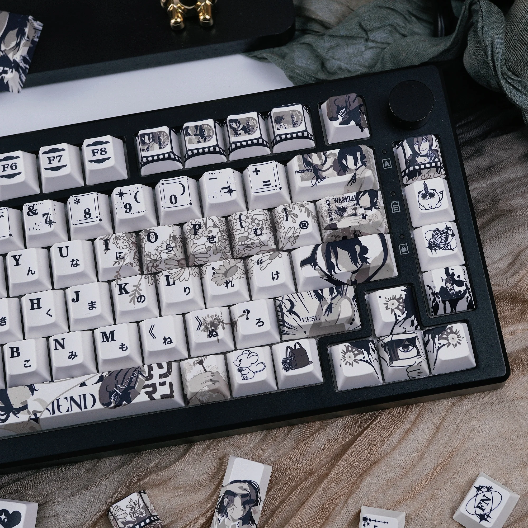 Reze Keycaps Chainsaw Man Theme Anime PBT Sublimation Keycaps Cherry Profile Black White Comic Style Mechanical Keyboard Key Cap