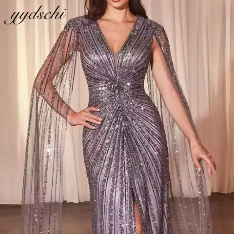 Customized Luxury Sequins Sparkly V-Neck Mermaid Evening Dress High Slit Long Sleeves Tulle Prom Dress فساتين سهرات