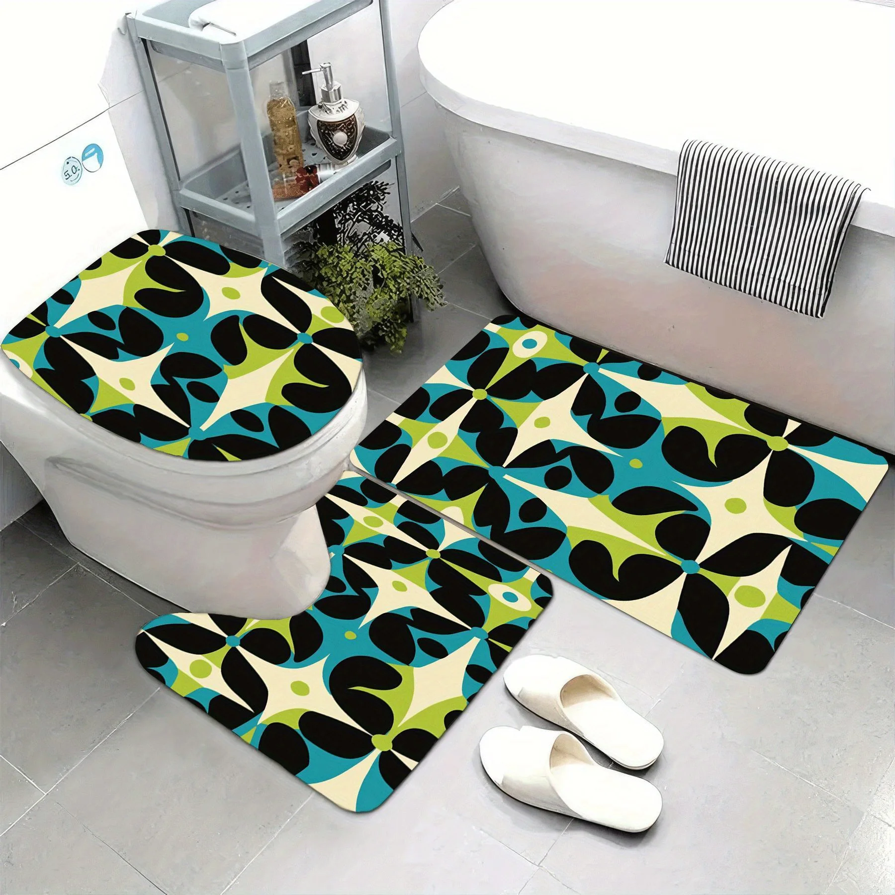 Geometric Swirl Bath Mat Set 3pcs, Modern Bathroom Floor Mat \u0026 Slippers, Trendy Home Decor Accessories