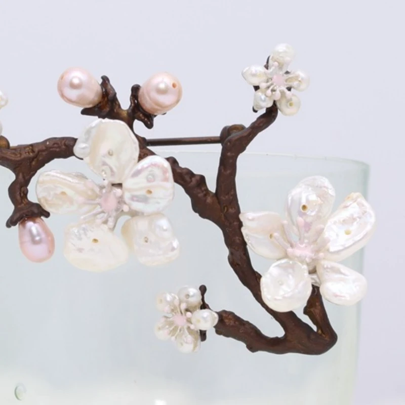 Pure Handmade Baroque Natural Freshwater Pearl Shell Flowers Brooch Pins Corsage Cherry Blossoms Branches Women Jewelry Gift 6cm