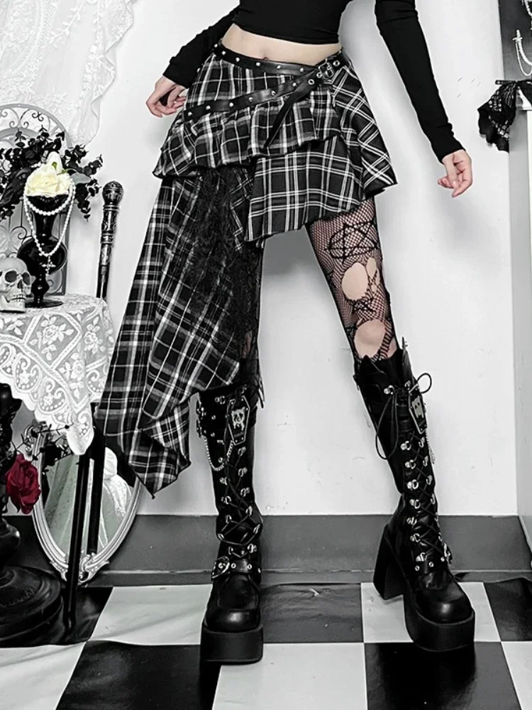 IMU Y2k Harajuku Plaid Skirt Women Gothic Cyber Punk Streetwear Spider Web Patchwork High Waist Irregular Hem Skirt Female