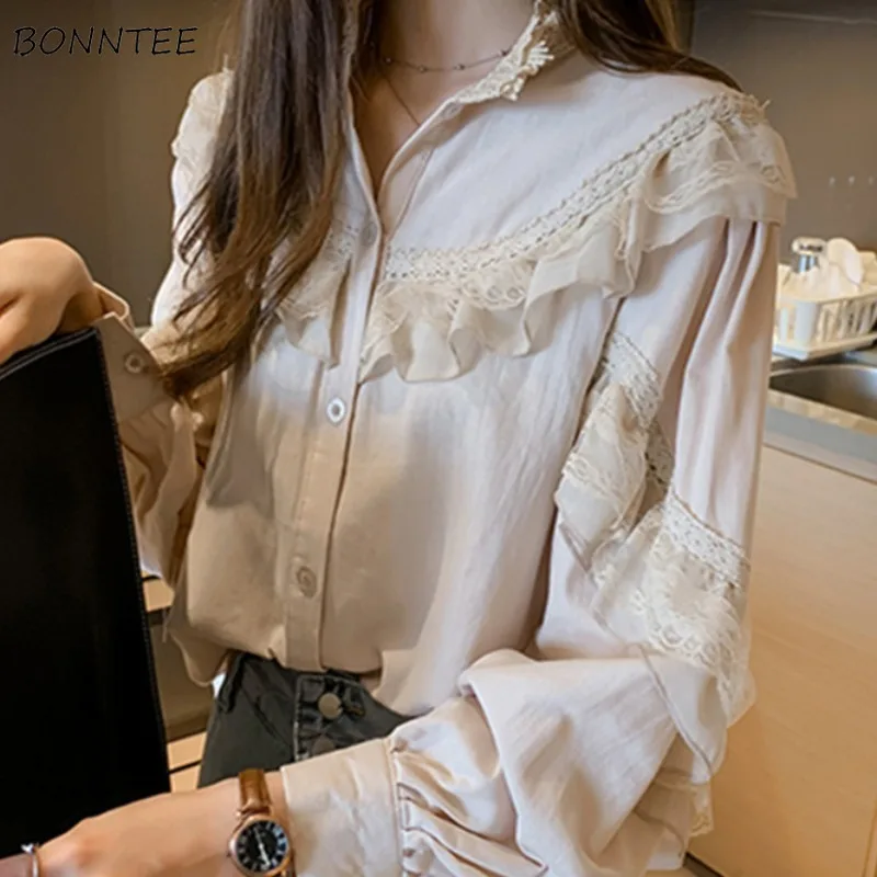 Korean Style Shirts for Women Lace Design Elegant Clothing Spring Long Sleeve Fashion College Tops Young Lovely Girls Chic Fit