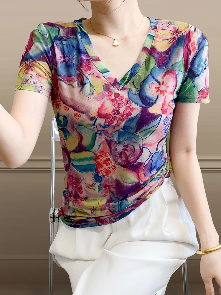 Faionable V-Ne ort Sve T-irt Women Summer Slimming Me Print Top Geometric Pattern Commute Sle Korean Version