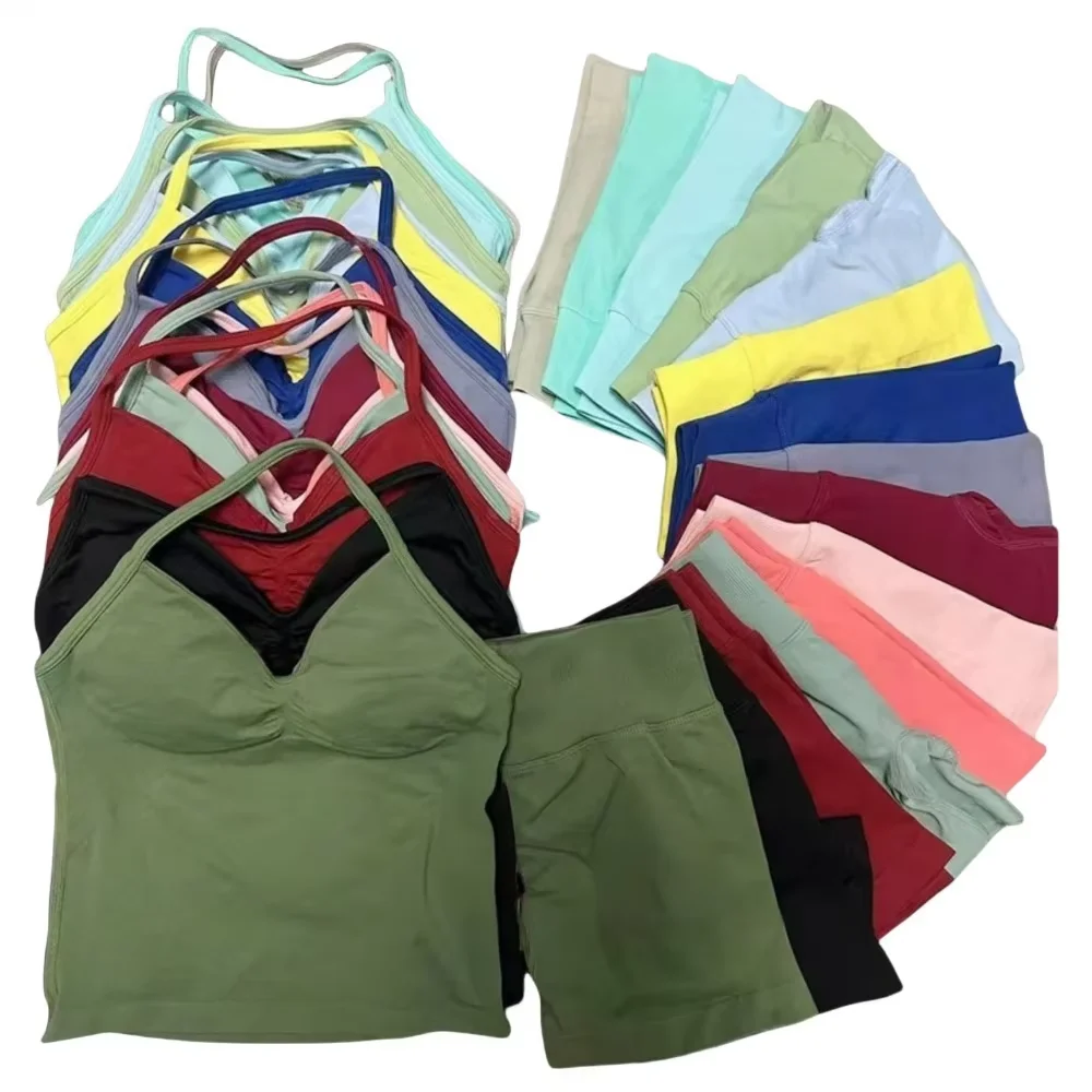 2피스 여성 요가 세트 심리스 임팩트 롱라인 스트랩 탱크탑 스크런치 스포츠 반바지 짐웨어 여성 여름 운동복