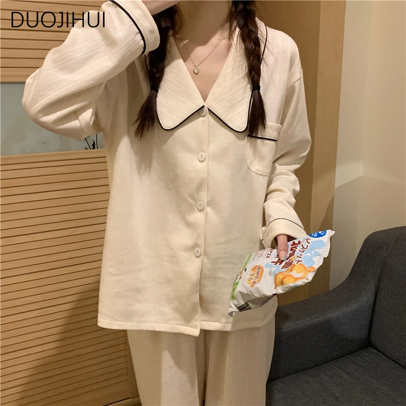 DUOJIHUI Two Piece Basic Pocket Loose Female Pajamas Sets Chic Button Cardigan Simple Pant Fashion Casual Home Pajamas for Women