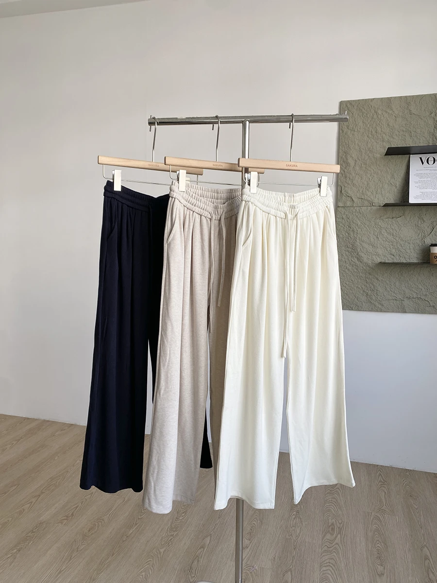 Pantaloni da donna a gamba larga in vita elastica con coulisse primavera autunno da donna Pantaloni dritti Losoe comodi a vita alta tinta unita