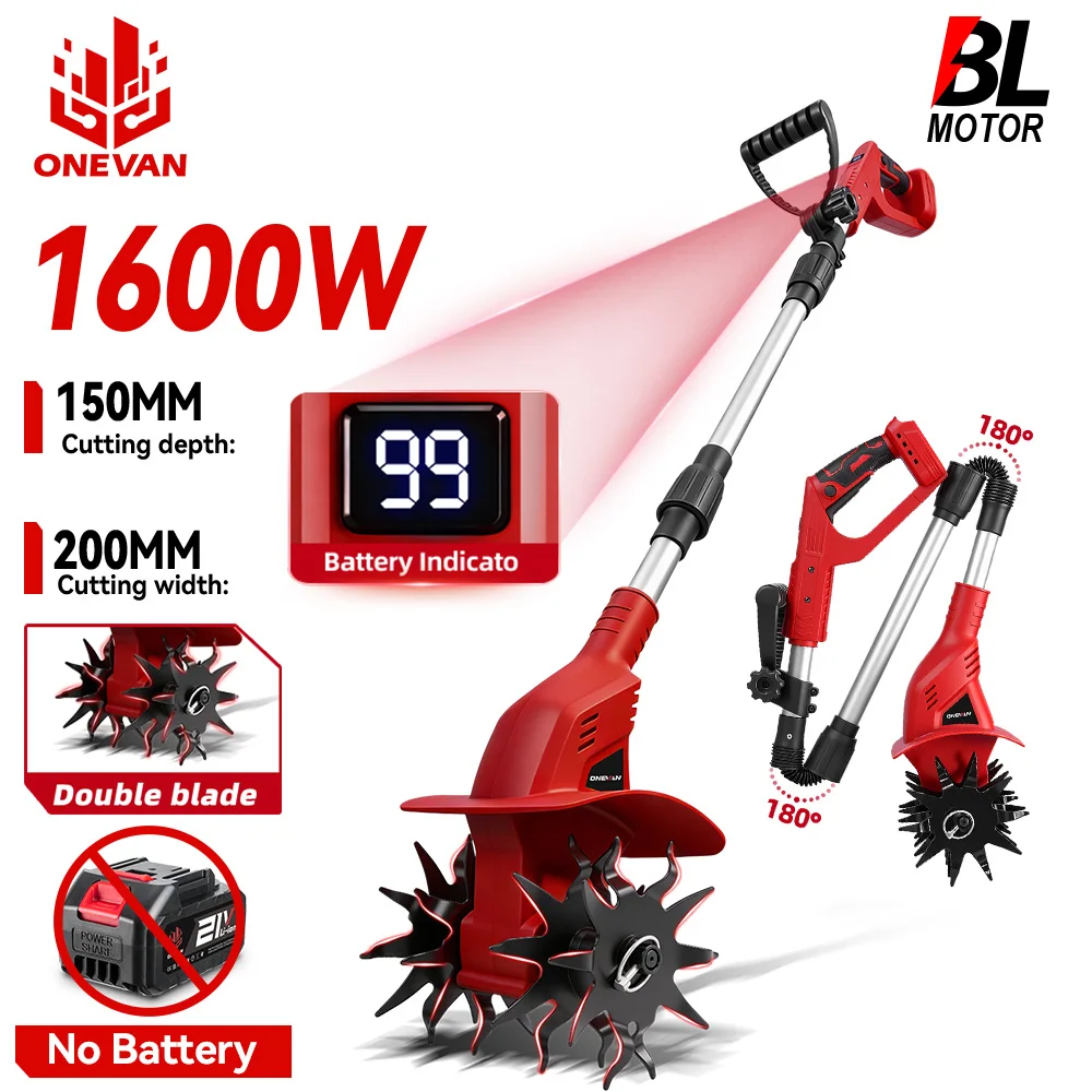 ONEVAN 1600W Brushless Electric Cultivator Cordless Handheld Grass Trimmer Soil Loosening Power Tool For Makita 18V Battery Pin