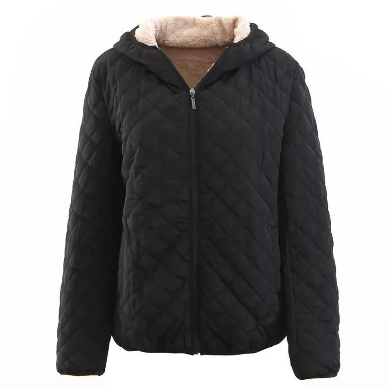 New Womens Clothing Korean Plaid Padded Jacket Autumn Winter Warm Lamb Wool Hooded Parker Outerwear Female Casual Cotton Clothes