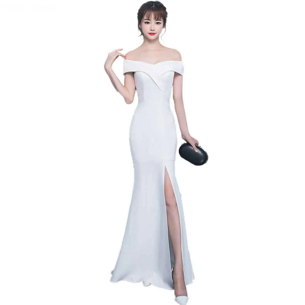 N190 Boat Neck Satin Prom Dresses Girls Princess Long Robe Sexy Woman Navy Blue Burgandy Red Whte Black Wedding Party Dress