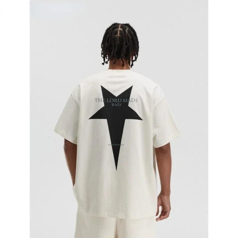 Summer Fashion Heavyweight Retro Men's Pentagram Cotton Printed Round Neck High-quality Casual Fitness Street Sports T-shirt