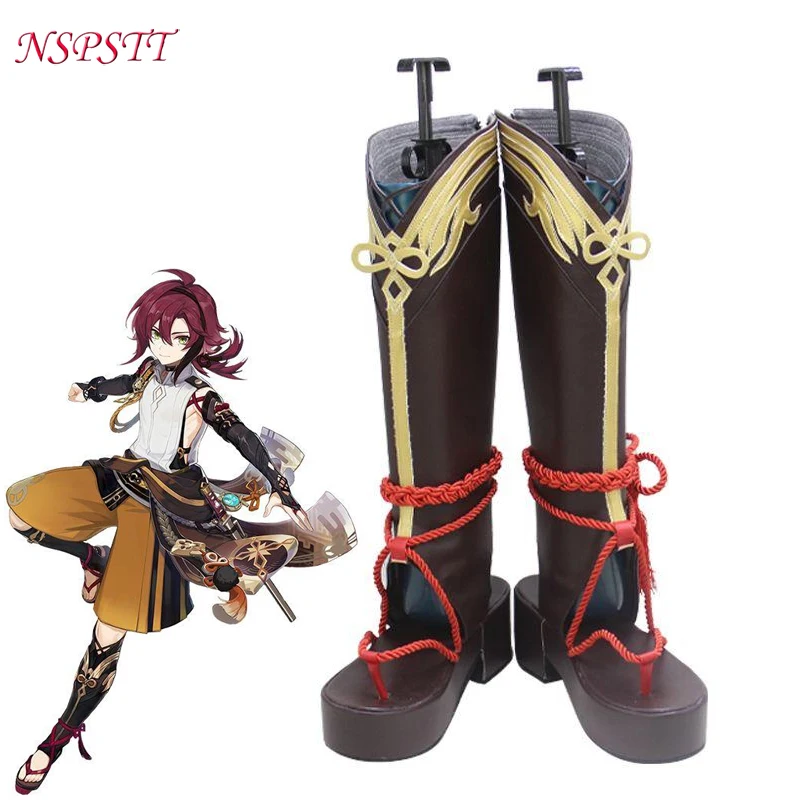 

ROLECOS Genshin Impact Shikanoin Heizou Cosplay Shoes Shikanoin Heizou High Heel Brown PU Leather Halloween Men Sandal Boot