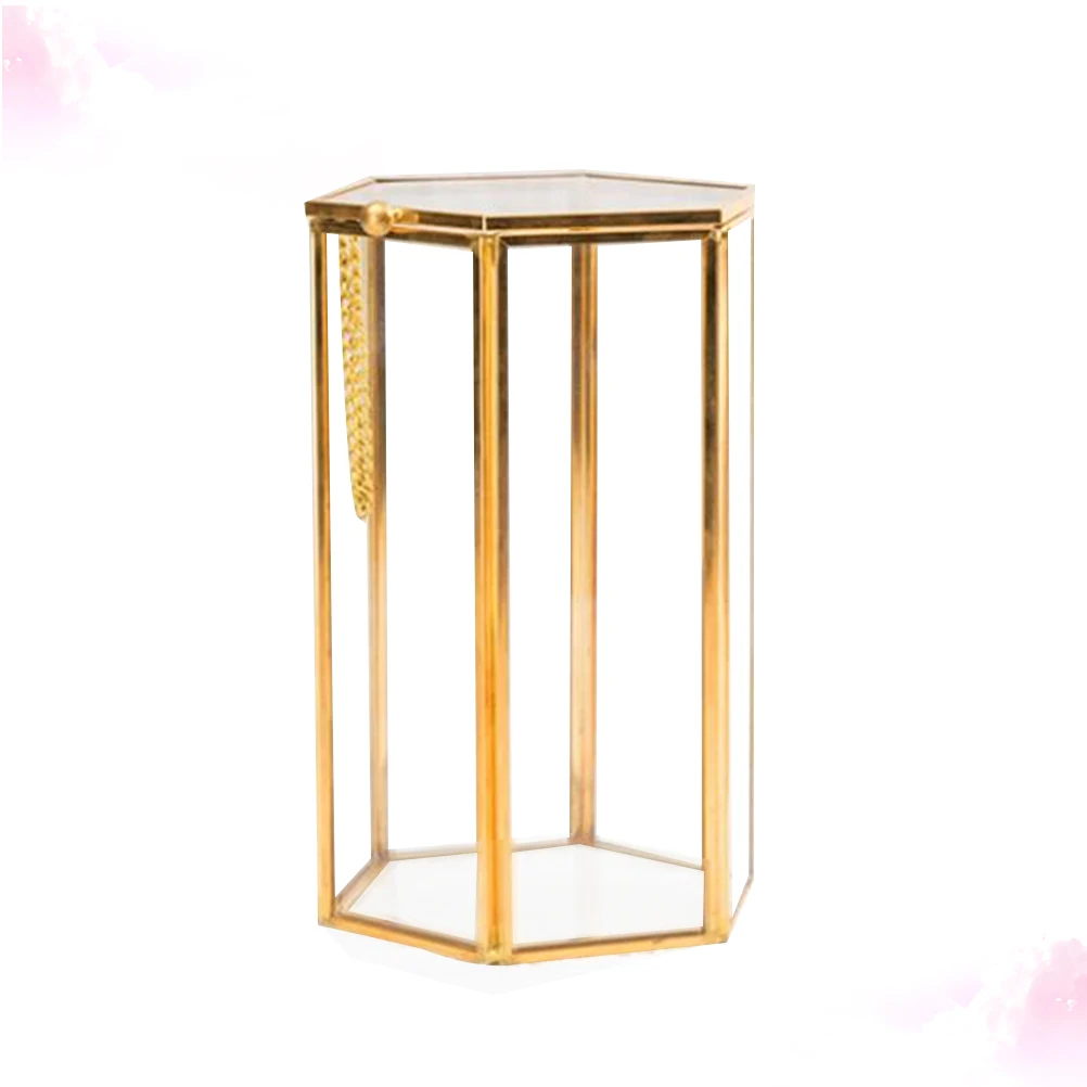 

Copper Frame Glass Makeup Brush Set Container Hexagon Organizer Storage Box Retro Holder