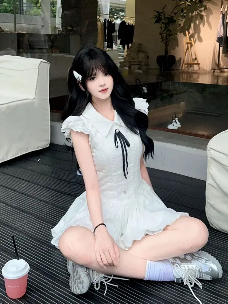 Sweet Summer Princess White Puffy Sleeve Waist Cinched Dress Women's Fashion Short Skirt Breathable Comfortable Polyester Fabric