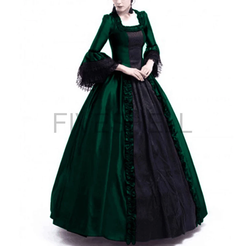 2024 Halloween Women  Medieval Queen Cosplay Costume Masquerade Witch Vampire Black Gothic Lace Stitching Long Court Dress