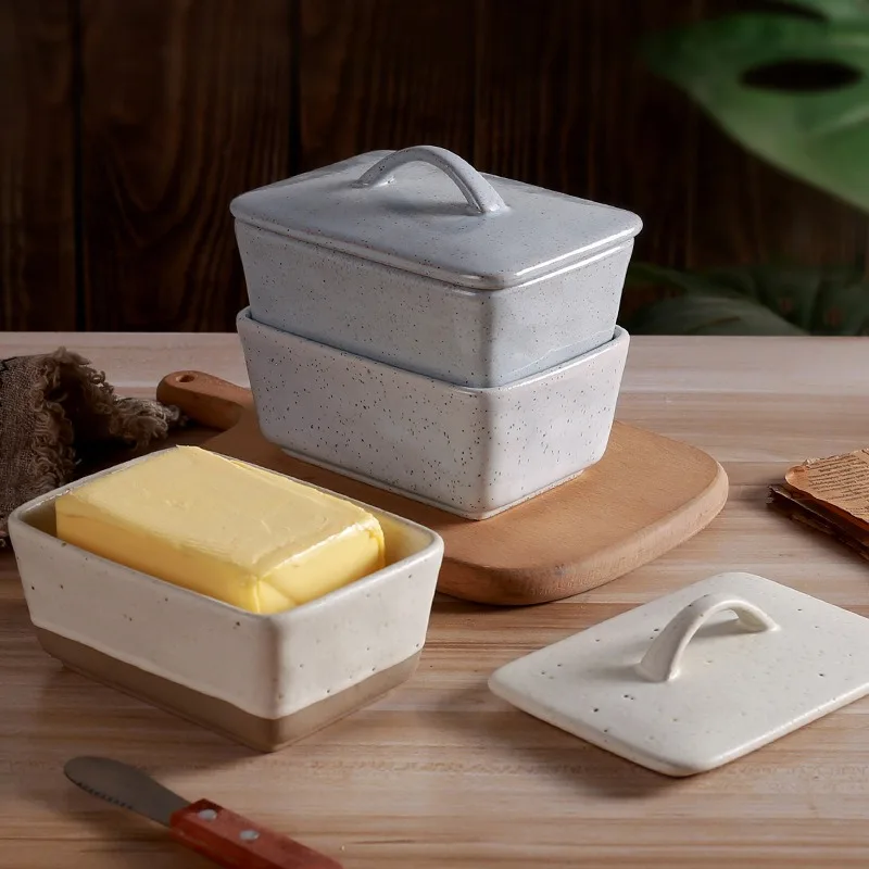Retro Creative Ceramic Butter Box with Lid Plate Square Cream Box Western Butter Box