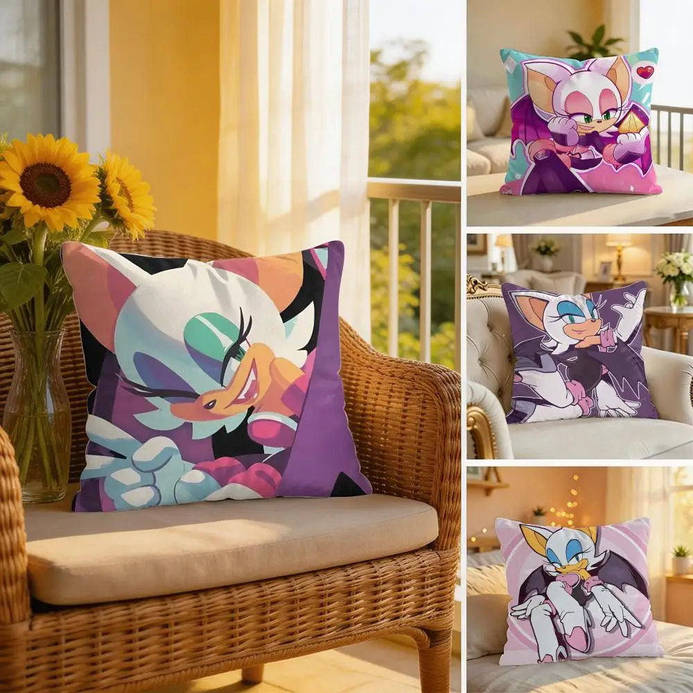 S-Sonic the Hedgehog Rouge the bat Cushion Cover Wrinkle-Resistant Short Plush Cushion Covers Breathable Machine-Washable