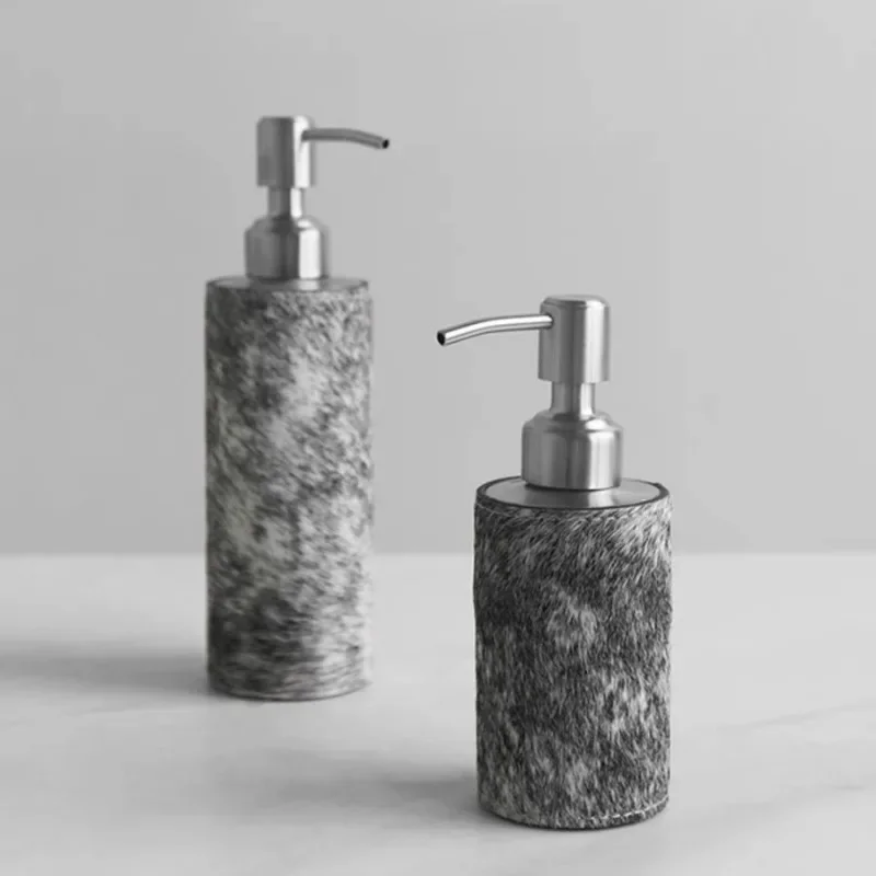 Luxury Cow Print Hair on Leather Soap Dispenser Set with Stainless Steel Pump, Modern Bathroom Accessory for Hotel High-End