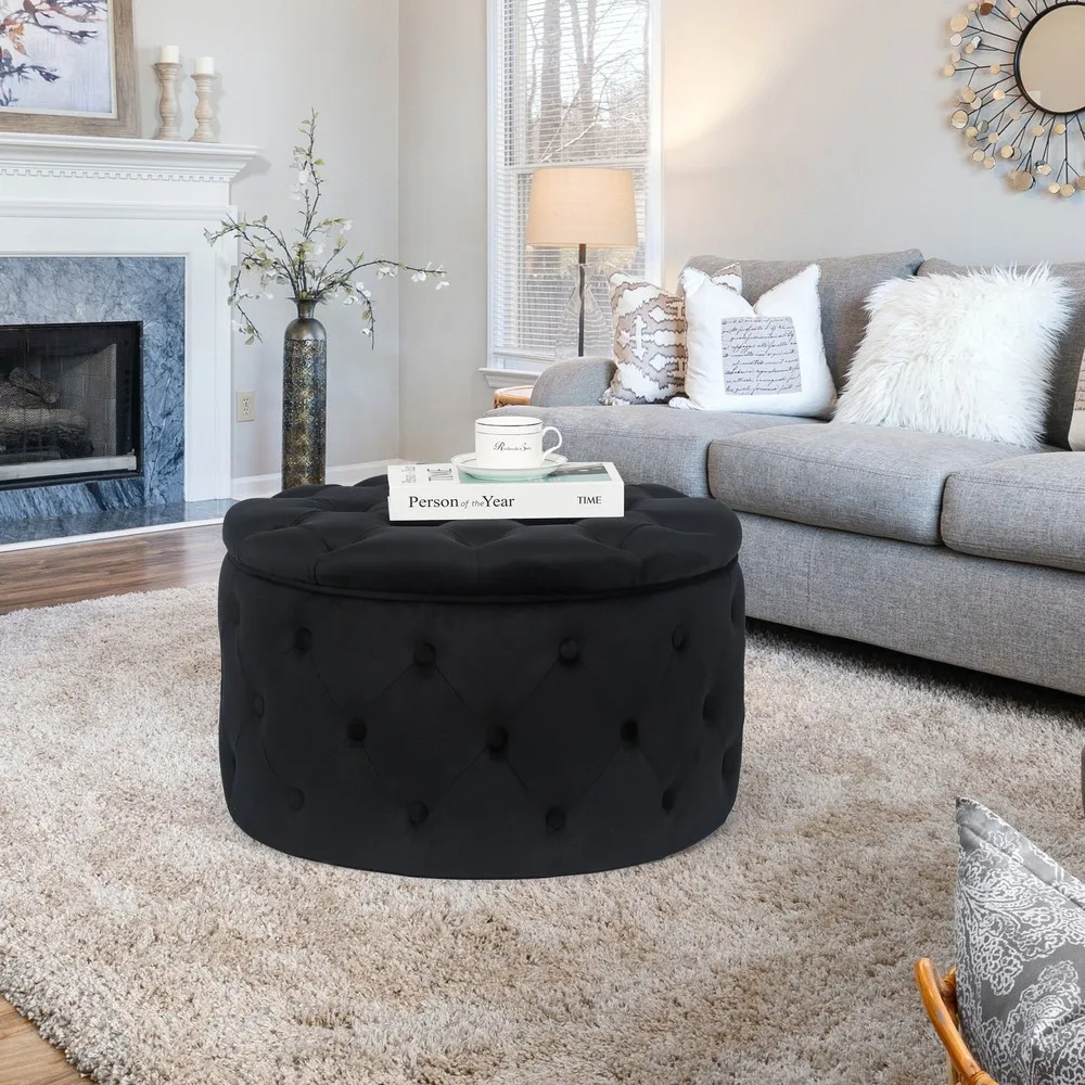 Round Velvet Button Tufted Storage Ottoman Footrest