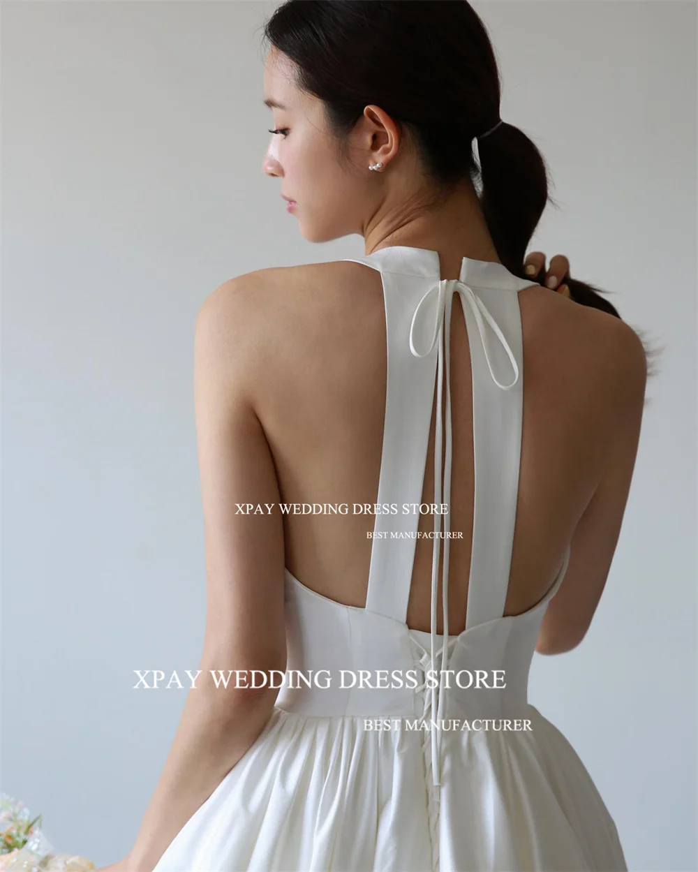 XPAY O คอชุดแต่งงานเกาหลีแขนกุดที่กําหนดเองเปิดด้านหลังชุดเจ้าสาว Backless ความยาวชั้นจีบชุดเจ้าสาวถ่ายภาพ